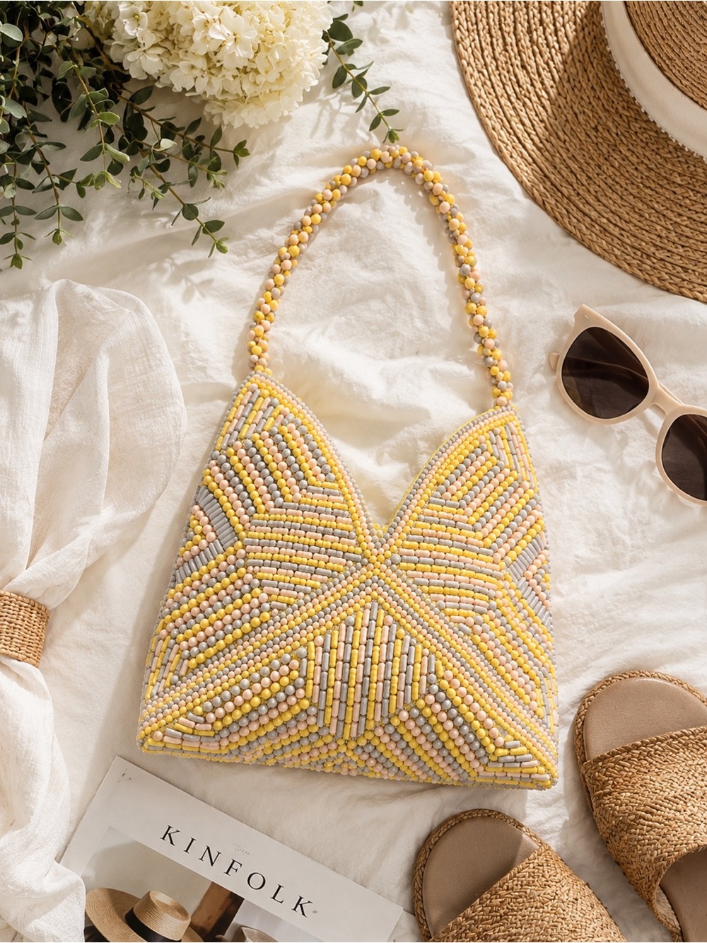 Lulla Collection Handcrafted Premium Bead Bag Yellow/Blush/Gray Geometric Purse